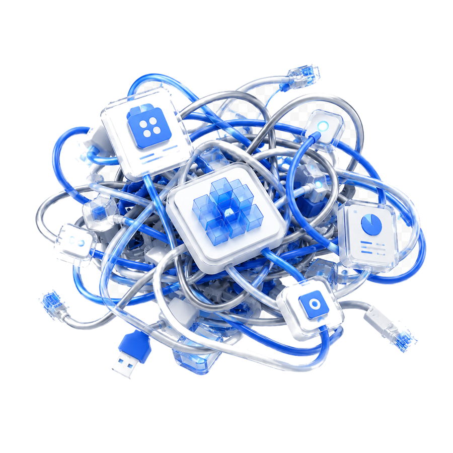 A tangled knot of cables and disconnected business tools